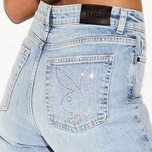 PLAYBOY Denim Light Blue Flare Leg Jeans Pink Rhinestone Bunny on Back Pocket